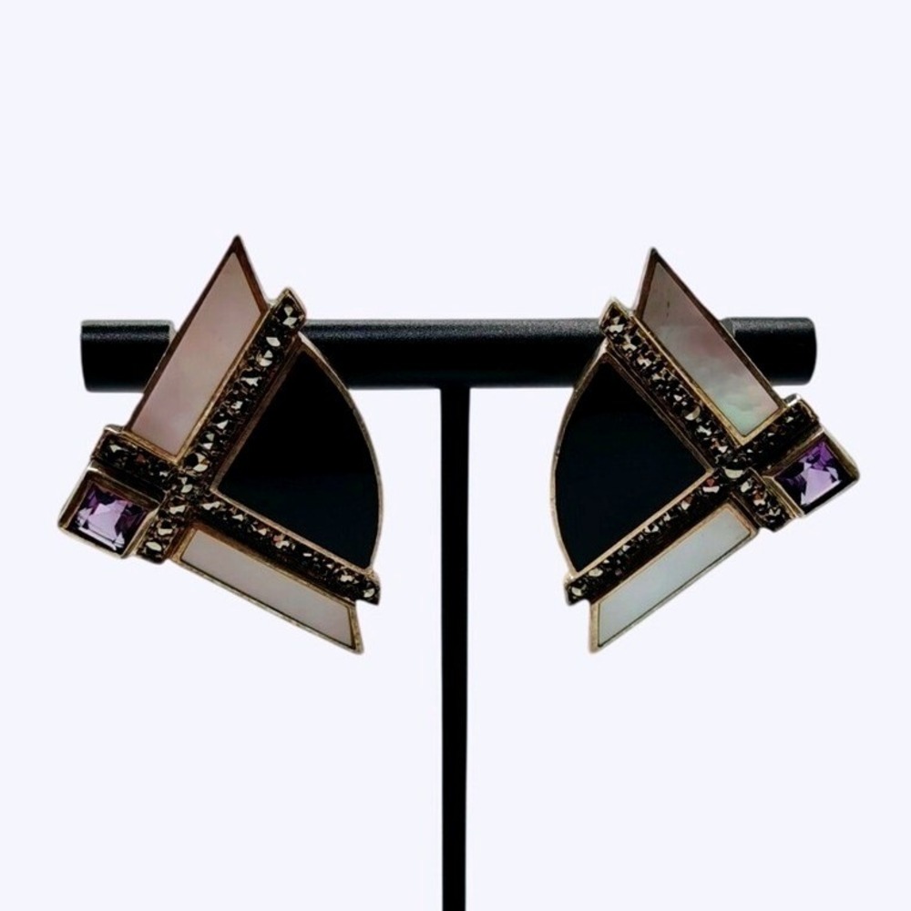 Vintage Art Deco Sterling Silver 925 Onyx Amethyst Marcasite Clip On Earrings